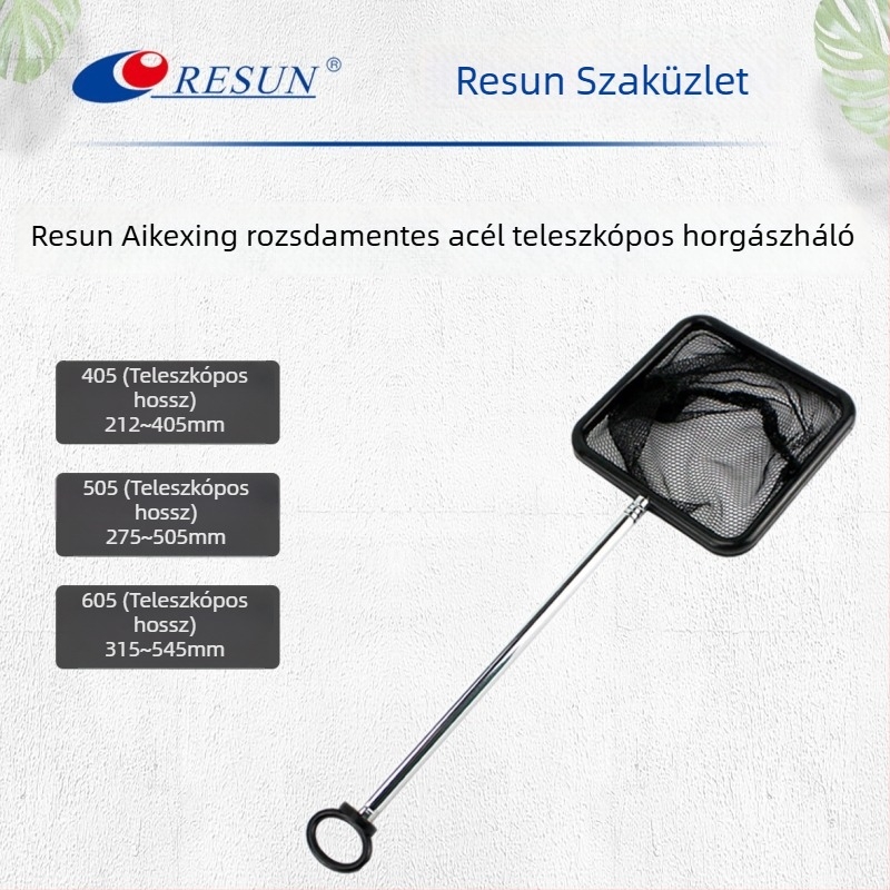 Teleszkópos rozsdamentes acél akváriumi háló, kinyújtható 275–505 mm vagy 330–600 mm, súly 0,1 kg.