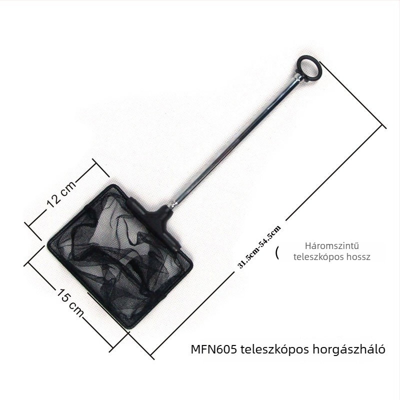 Teleszkópos rozsdamentes acél akváriumi háló, kinyújtható 275–505 mm vagy 330–600 mm, súly 0,1 kg.