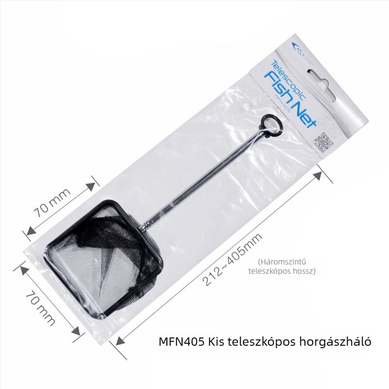 Teleszkópos rozsdamentes acél akváriumi háló, kinyújtható 275–505 mm vagy 330–600 mm, súly 0,1 kg.