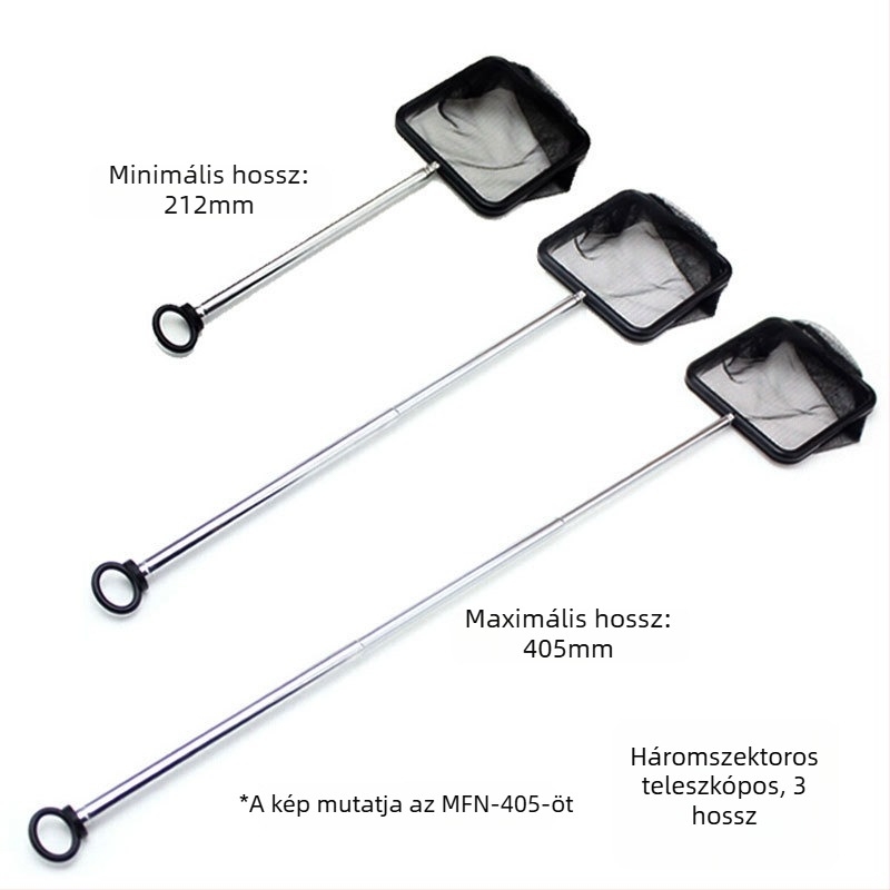 Teleszkópos rozsdamentes acél akváriumi háló, kinyújtható 275–505 mm vagy 330–600 mm, súly 0,1 kg.