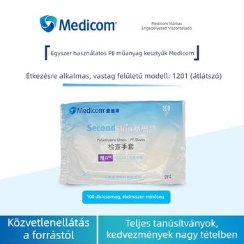Egyszer használatos PE kesztyűk – élelmiszerbiztonsági, átlátszó, vízálló, Medicom 1201, cateringhez, élelmiszer-feldolgozáshoz, ellenőrzéshez, hajfestéshez és samponozáshoz
