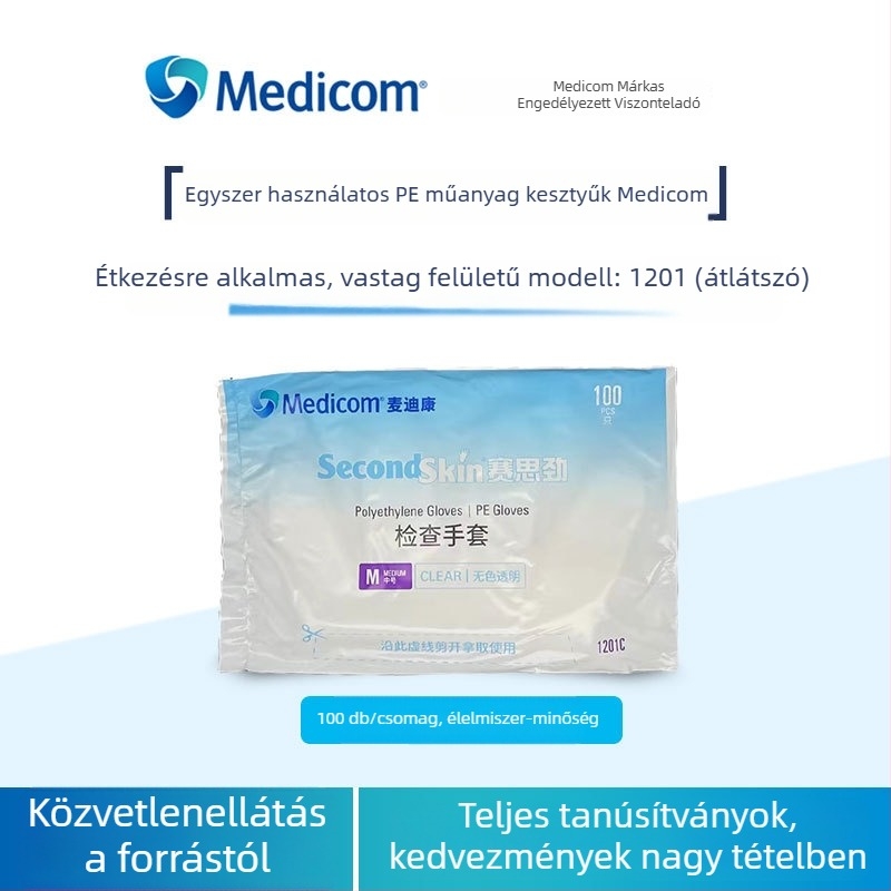 Egyszer használatos PE kesztyűk – élelmiszerbiztonsági, átlátszó, vízálló, Medicom 1201, cateringhez, élelmiszer-feldolgozáshoz, ellenőrzéshez, hajfestéshez és samponozáshoz