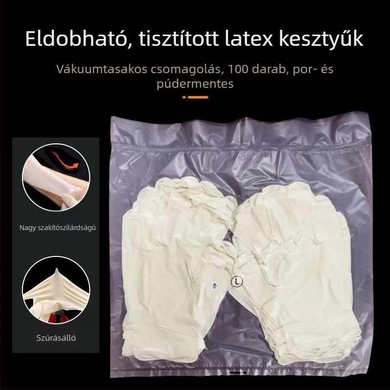 Egyszer használatos latex kesztyűk konyhai tisztításhoz és laboratóriumi munkához, porálló, többfunkciós, tejfehér