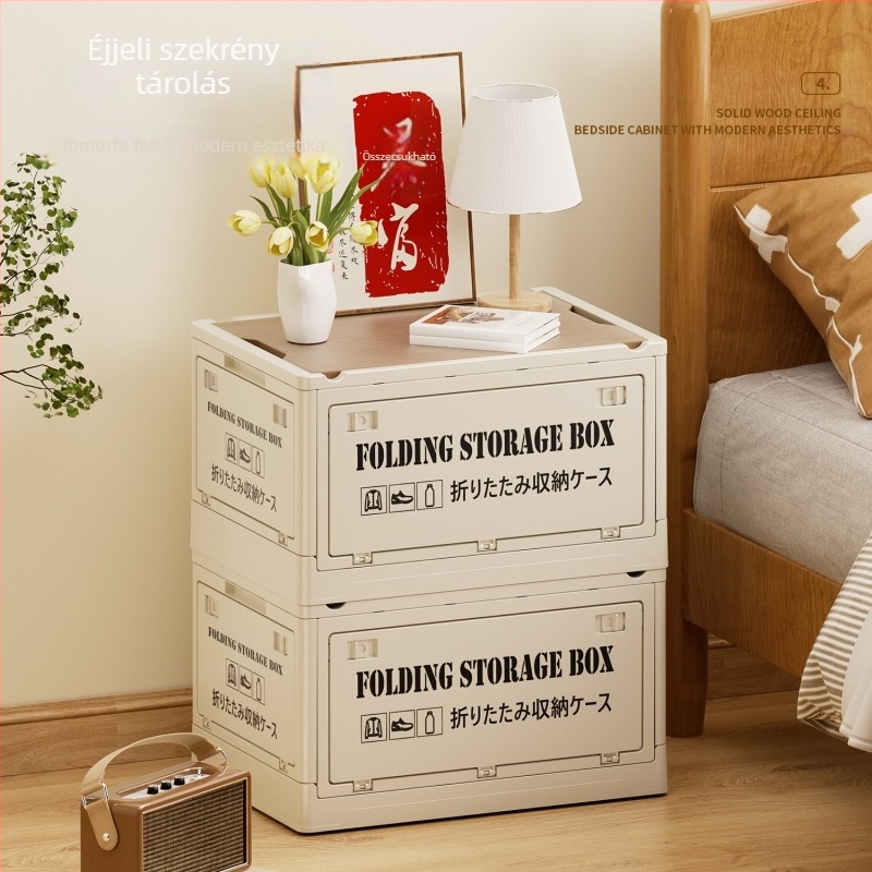 Ipari stílusú összecsukható tároló doboz, rendező fa fedéllel snackek és játékok számára, 50–60 L kapacitás; Anyag: sűrűséglemez + PP; Kerekekkel; Modell 2003