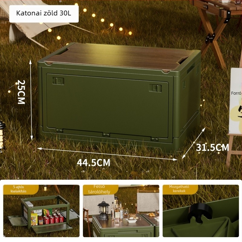 Ipari stílusú összecsukható tároló doboz, rendező fa fedéllel snackek és játékok számára, 50–60 L kapacitás; Anyag: sűrűséglemez + PP; Kerekekkel; Modell 2003