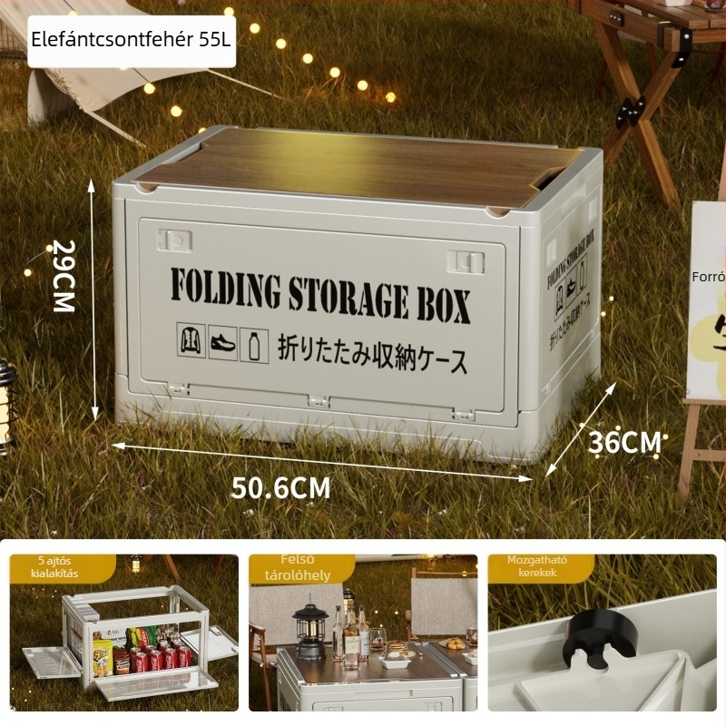 Ipari stílusú összecsukható tároló doboz, rendező fa fedéllel snackek és játékok számára, 50–60 L kapacitás; Anyag: sűrűséglemez + PP; Kerekekkel; Modell 2003