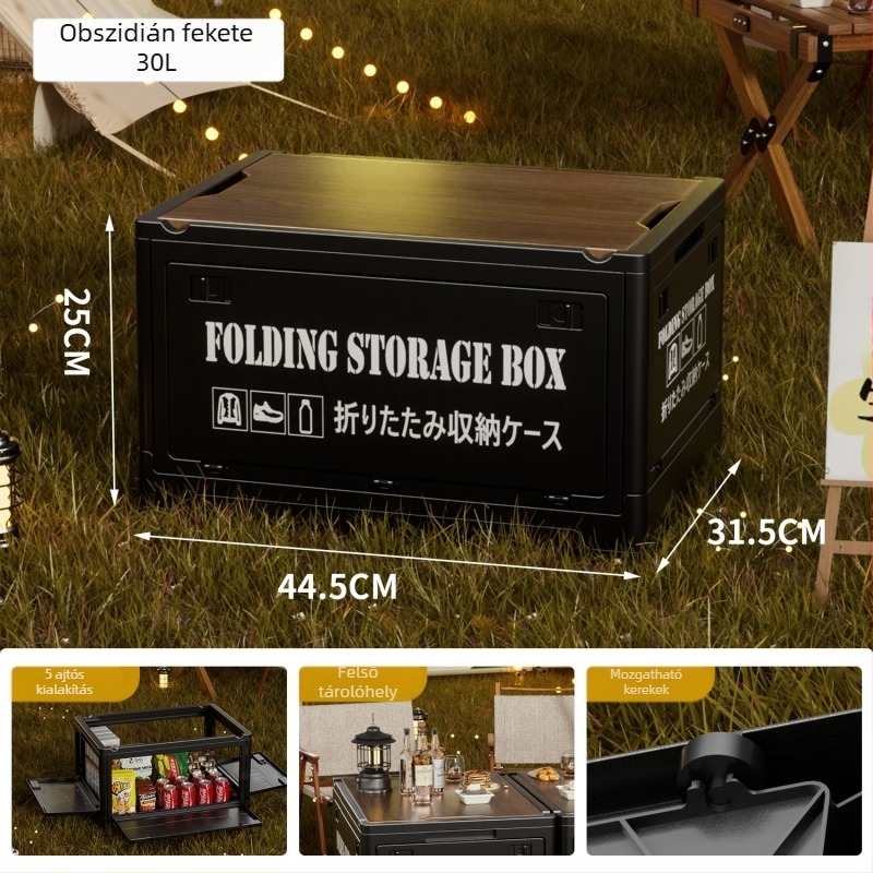 Ipari stílusú összecsukható tároló doboz, rendező fa fedéllel snackek és játékok számára, 50–60 L kapacitás; Anyag: sűrűséglemez + PP; Kerekekkel; Modell 2003