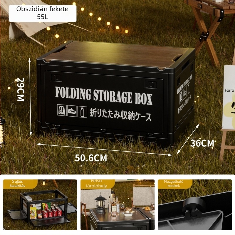 Ipari stílusú összecsukható tároló doboz, rendező fa fedéllel snackek és játékok számára, 50–60 L kapacitás; Anyag: sűrűséglemez + PP; Kerekekkel; Modell 2003