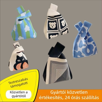 Koreai stílusú kötött táska, bucket tote, függőleges négyzet alakú forma (polieszter; belső zsebek telefonhoz és ID-hez; nyitott zseb; dupla vállpánt)