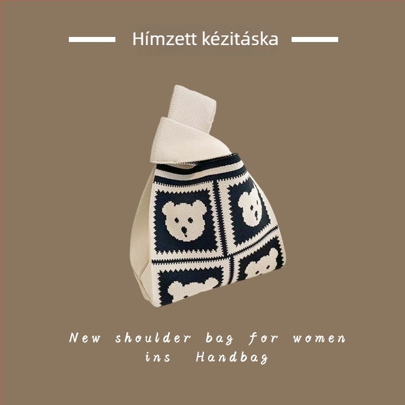 Koreai stílusú kötött táska, bucket tote, függőleges négyzet alakú forma (polieszter; belső zsebek telefonhoz és ID-hez; nyitott zseb; dupla vállpánt)