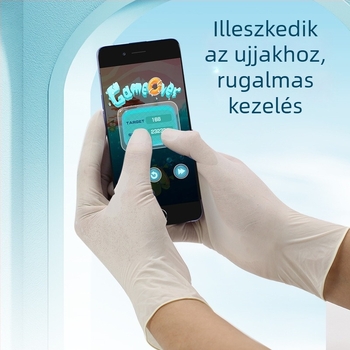 Egyszer használatos latex kesztyűk, csúszásmentes, átlátszó mintázat, közepes vastagság, logó nyomtatva