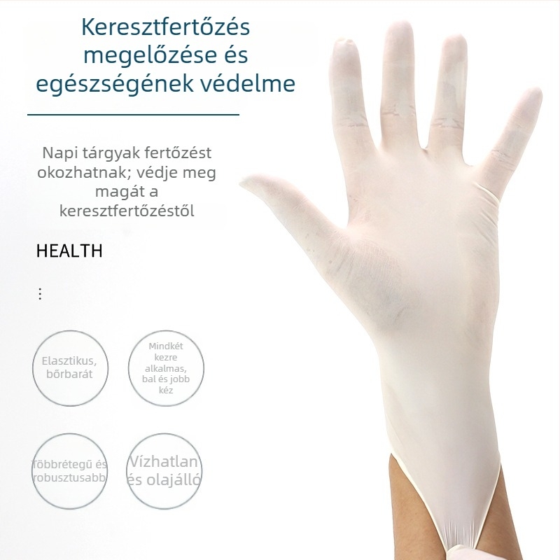 Egyszer használatos latex kesztyűk, csúszásmentes, átlátszó mintázat, közepes vastagság, logó nyomtatva