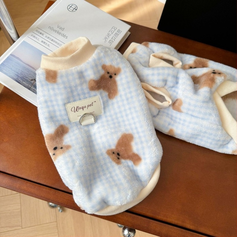 Kétoldalas flanel mellény kutyáknak, medve mintával – meleg fleece, Ins-stílus