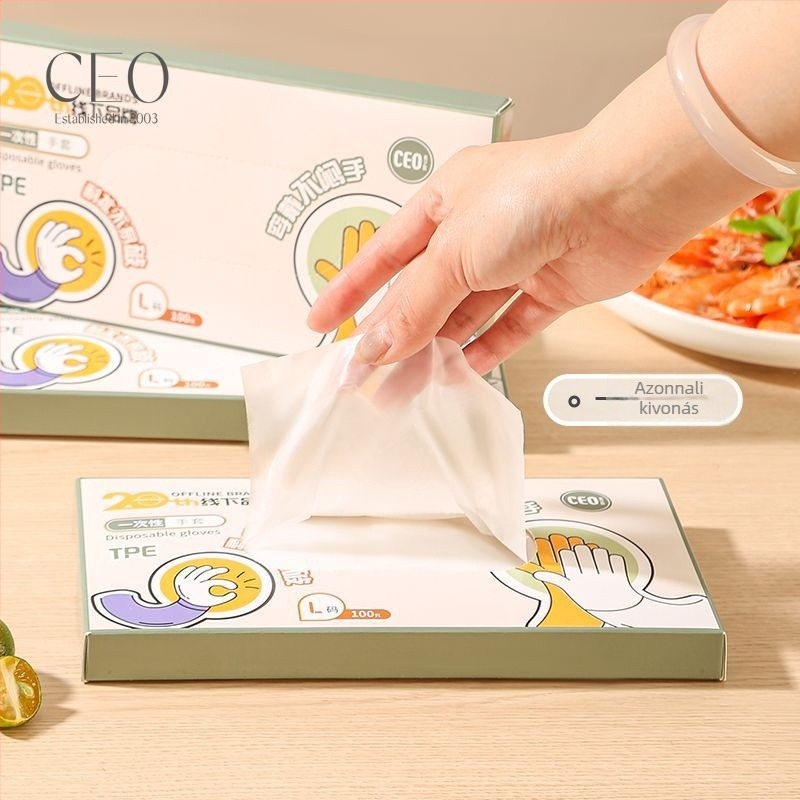 Egyszer használatos TPE kesztyűk dobozos kiszerelésben, cateringhez, vastagított, kopásálló, élelmiszer-minőségű, porálló, vastagság legfeljebb 0,05 mm