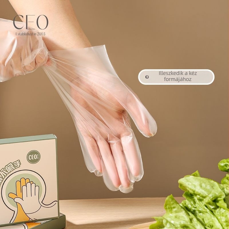 Egyszer használatos TPE kesztyűk dobozos kiszerelésben, cateringhez, vastagított, kopásálló, élelmiszer-minőségű, porálló, vastagság legfeljebb 0,05 mm