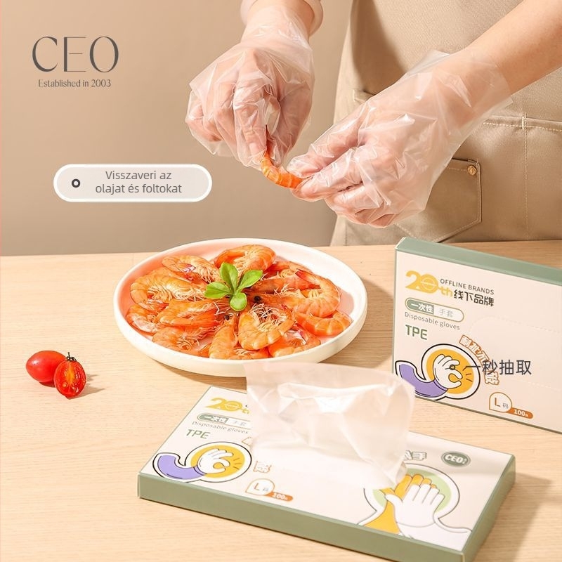Egyszer használatos TPE kesztyűk dobozos kiszerelésben, cateringhez, vastagított, kopásálló, élelmiszer-minőségű, porálló, vastagság legfeljebb 0,05 mm