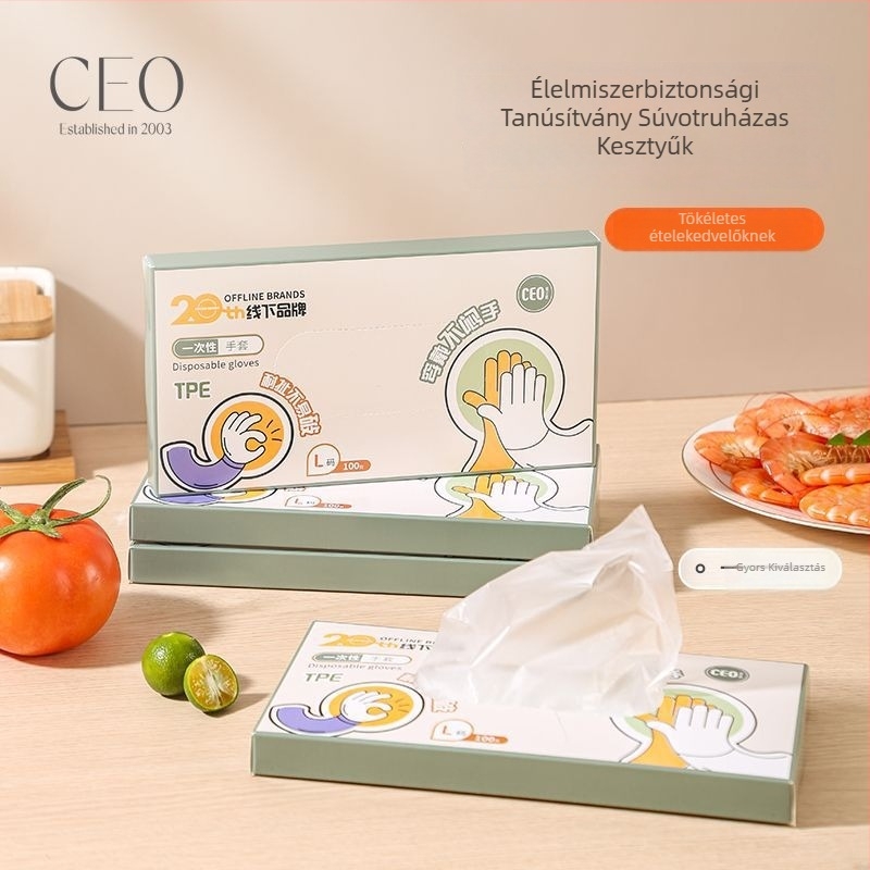 Egyszer használatos TPE kesztyűk dobozos kiszerelésben, cateringhez, vastagított, kopásálló, élelmiszer-minőségű, porálló, vastagság legfeljebb 0,05 mm