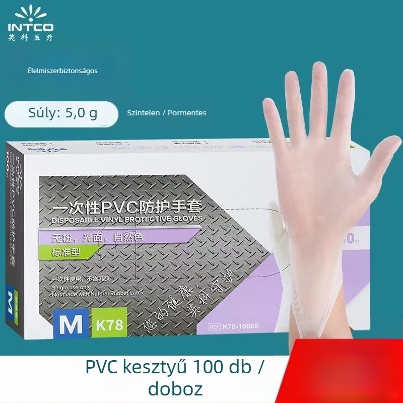Egyszer használatos PVC kesztyűk élelmiszer-kezeléshez és cateringhez, átlátszó, 0,05–0,1 mm vastagság, élelmiszer-minőségű, 10 doboz kartononként