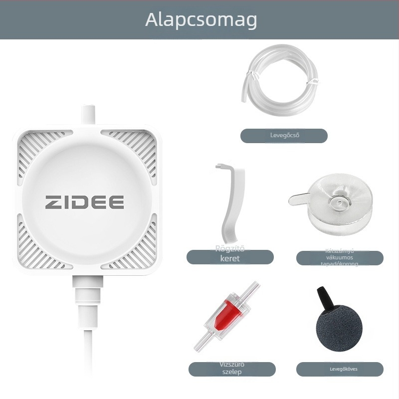 Asztali akváriumi oxigénpumpa, 450 ml/min áramlás, 1,3 W teljesítmény, zaj ≤30 dB, AC tápegység