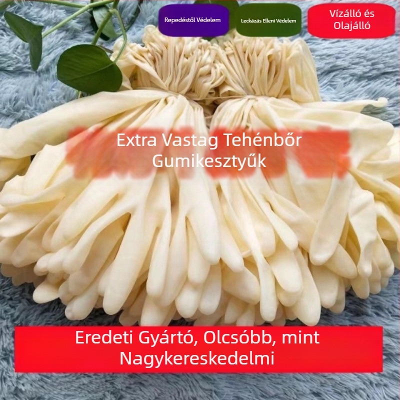 Egyszer használatos természetes gumi kesztyű, mindkét kézre illeszkedő, púdermentes, vízálló, kopásálló és olajálló