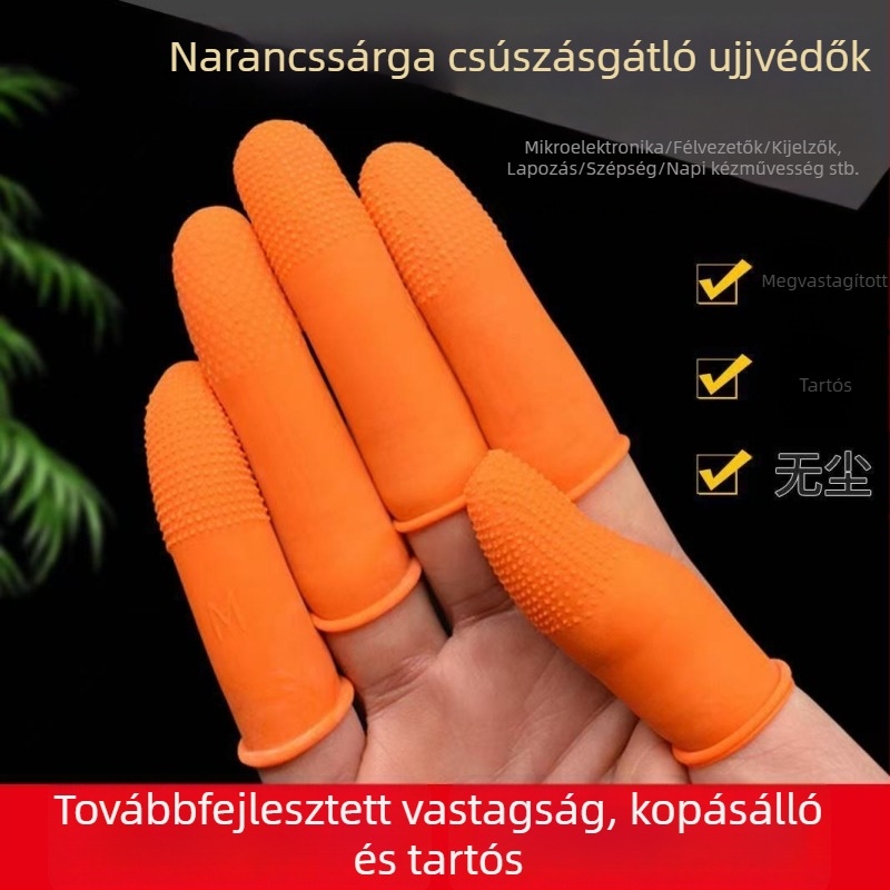 Egyszer használatos latex ujjvédők csúszásmentes textúrával és domborított pontokkal, narancssárga