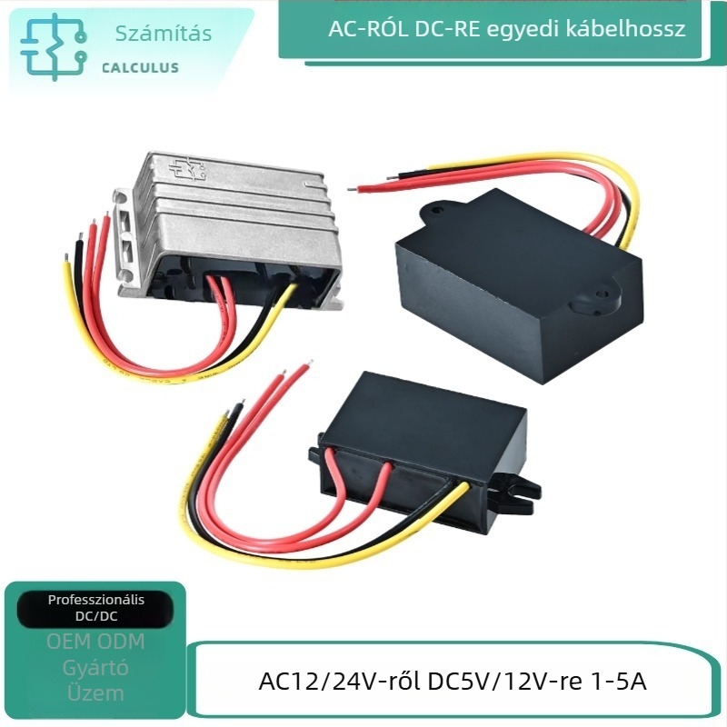 Jármű DC-DC konverter modul, kimenet 12V és 5V DC, bemenet 17-26V AC, max 5A, hatékonyság 95%, IP67, súly ~60 g