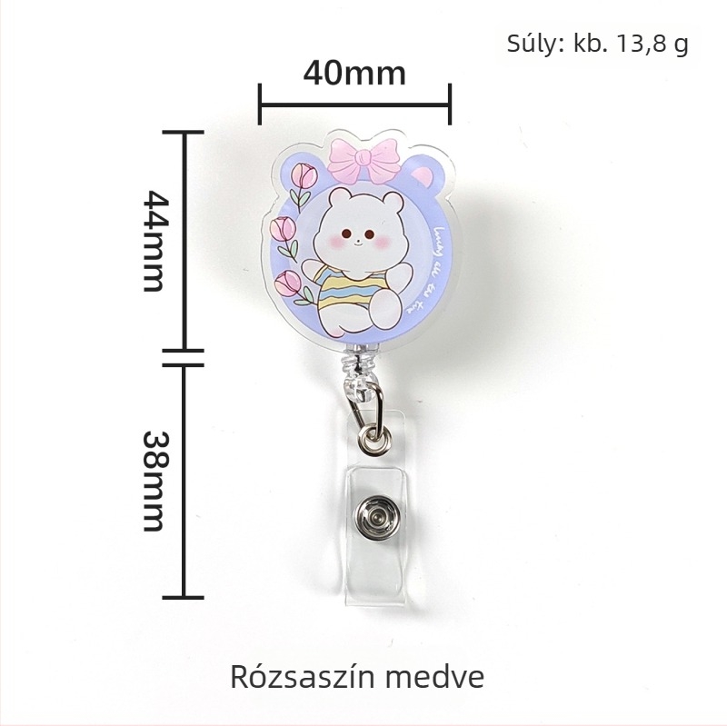 Visszahúzható akril badge-clip könnyen húzható gombbal; orvosok és ápolók számára; logónyomtatás elérhető; teherbírás 0,1 kg