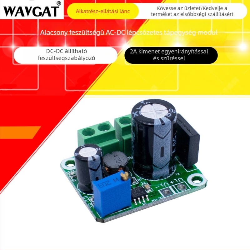 Alacsony feszültségű AC-DC levezető tápegység modul, állítható szabályozott ellátás, 1,5 A-os buck modul egyenirányítóval és szűrővel.