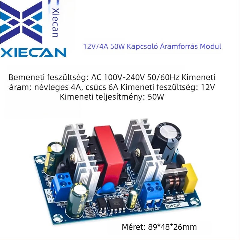 Izolált kapcsolóüzemű tápegység modul AC-DC, 12V kimenet, 4A, 50W, túlterhelés és túláram elleni védelem, alacsony fogyasztás