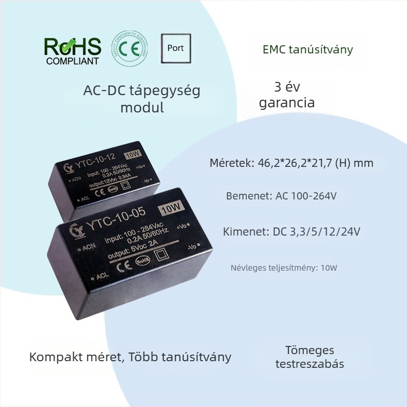 YTC-10-12 Szigetelt Szabályozott AC-DC Tápegység, Mini Lépéscsökkentő Modul, 10W, Kimenet 12V/24V