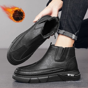 Férfi házipapucs - téli magas talpú, fleece-béléssel, PU felső rész, PVC talp