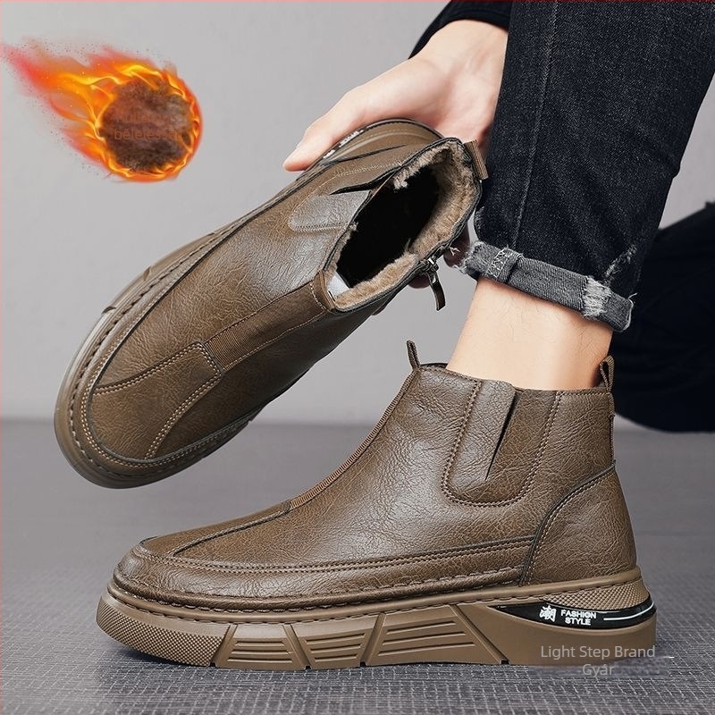Férfi házipapucs - téli magas talpú, fleece-béléssel, PU felső rész, PVC talp