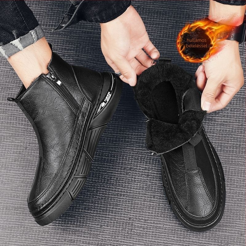 Férfi házipapucs - téli magas talpú, fleece-béléssel, PU felső rész, PVC talp