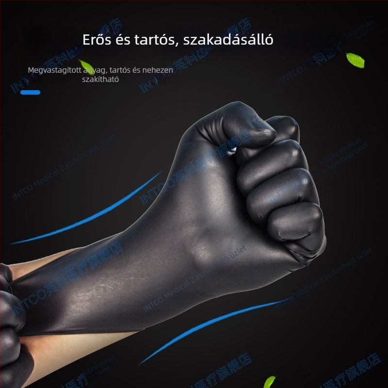 Egyszer használatos fekete nitril kesztyűk, élelmiszer-minőségű, vastagított, élelmiszer-feldolgozásra, csúszásmentes, ipari