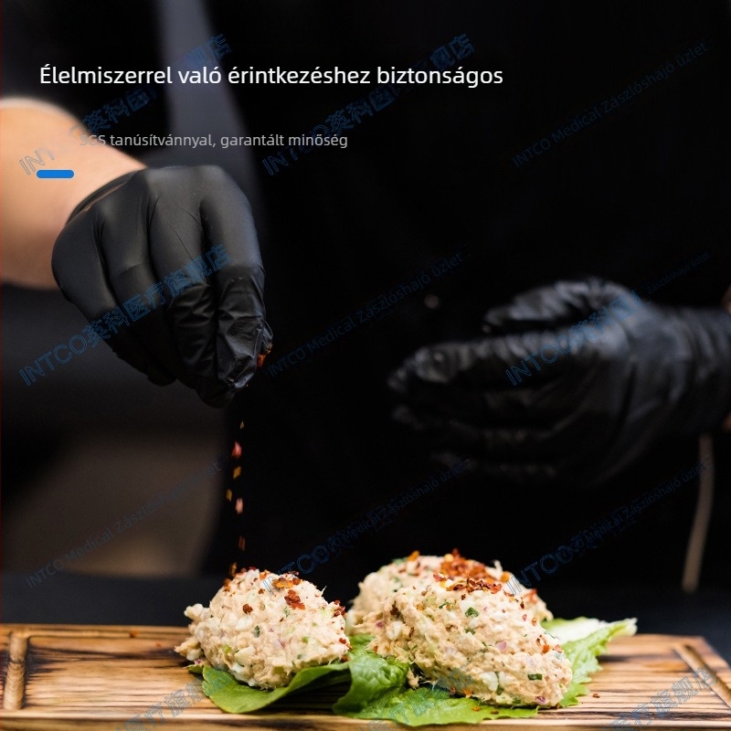Egyszer használatos fekete nitril kesztyűk, élelmiszer-minőségű, vastagított, élelmiszer-feldolgozásra, csúszásmentes, ipari