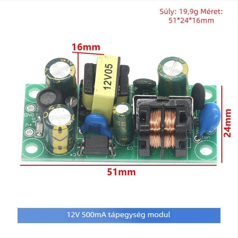 12V 500mA kapcsolóüzemű tápegység modul, AC-DC konverter, izolált 5W, állandó feszültség, bemenet 220V