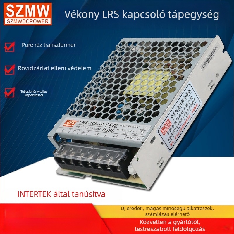 SZMW ultra vékony ipari kapcsolóüzemű tápegység, 100W, kimenet 12V/24V, bemenet 100-240VAC, hatékonyság 85%