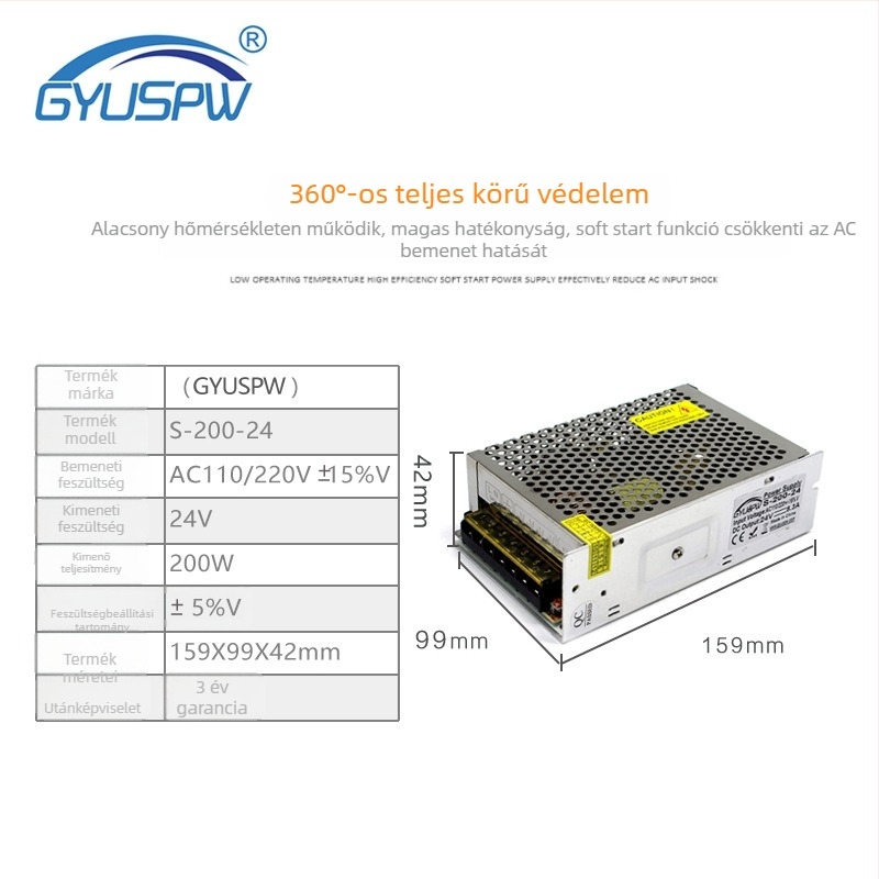 LED moduláris tápegység 24V, 200W, bemenet AC220V, 80% hatékonyság, IP20