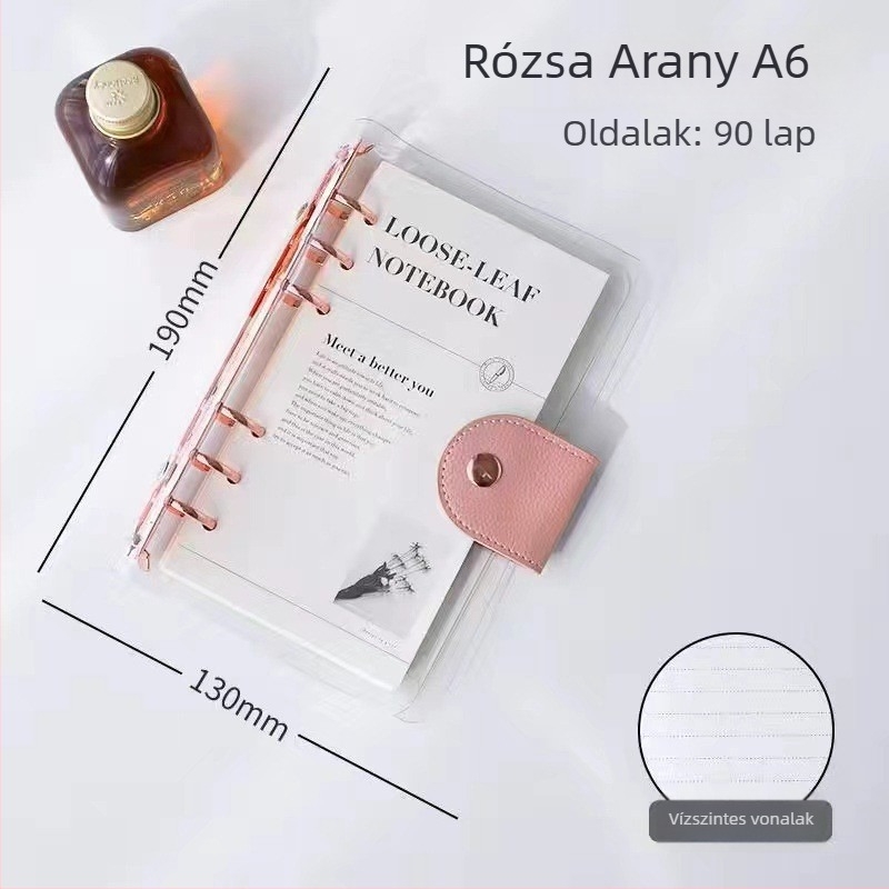 Átlátszó PVC borítású jegyzetfüzet, 6–9 lyukú rendszer, 80 oldal Dowling papír, levehető oldalak