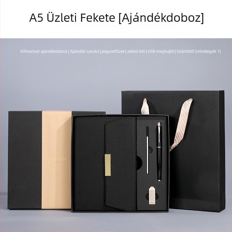 Jegyzetfüzet-készlet műbőr borítóval, drótos kötés, Dowling papír 80 g, 100–200 oldal, üzleti iroda stílusú, személyre szabott ajándékdobozt tartalmazó készlet