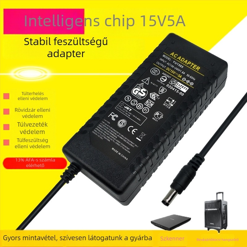 Kapcsolóüzemű tápegység 15V 5A LCD-monitorhoz, 75W, bemenet 100-240V, 50/60 Hz, 85% hatékonyság