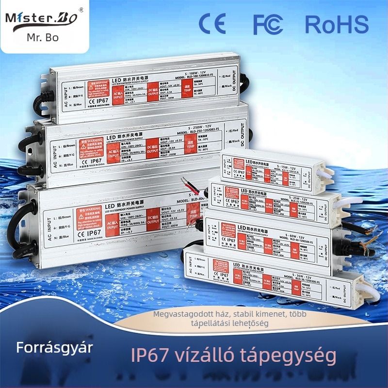 AC/DC kapcsoló tápegység IP67 vízálló, bemenet 12V/24V/5V, kimenet 12-1200W, hatékonyság 80%, CE/FCC/ROHS