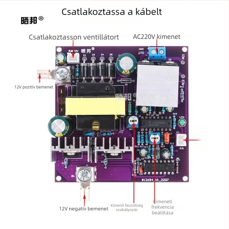 DC-AC inverter főlap magas teljesítményhez – Sun Bang, méretek 88×86×38 mm, tömeg 165 g, tápellátás: kapcsolóüzemű