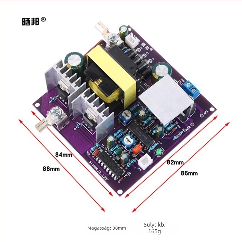 DC-AC inverter főlap magas teljesítményhez – Sun Bang, méretek 88×86×38 mm, tömeg 165 g, tápellátás: kapcsolóüzemű