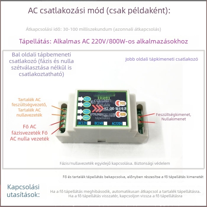Kettős táplálású automatikus kapcsoló DC 12/24V és AC 220V, 10A, 2 bemenetű és 1 kimenetű kapcsoló modul