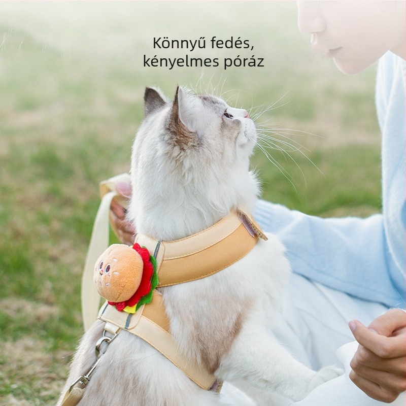 Macska plüss játék hamburgerrel és sült krumplival, macskahám pórázzal, Velcro, lélegző és kopásálló