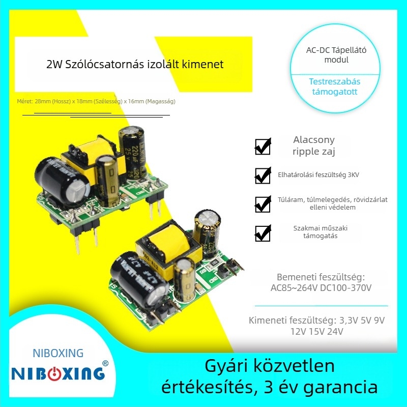 Szigetelt szabályozott buck kapcsolóüzemű tápegység modul, bemenet 110–220V AC, kimenetek 3.3/5/6/9/12/15/18/24V, max 2W, kimeneti áram 400mA@5V, 166mA@12V, 83mA@24V