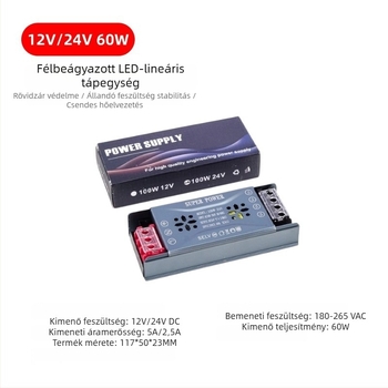 LED-sáv tápegység, kapcsoló, 95% hatásfok, IP20, méretek 205×50×23 mm, tömeg 232 g