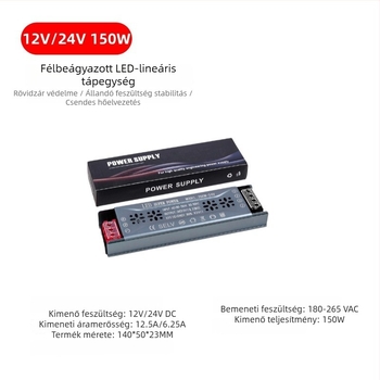 LED-sáv tápegység, kapcsoló, 95% hatásfok, IP20, méretek 205×50×23 mm, tömeg 232 g