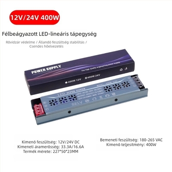 LED-sáv tápegység, kapcsoló, 95% hatásfok, IP20, méretek 205×50×23 mm, tömeg 232 g